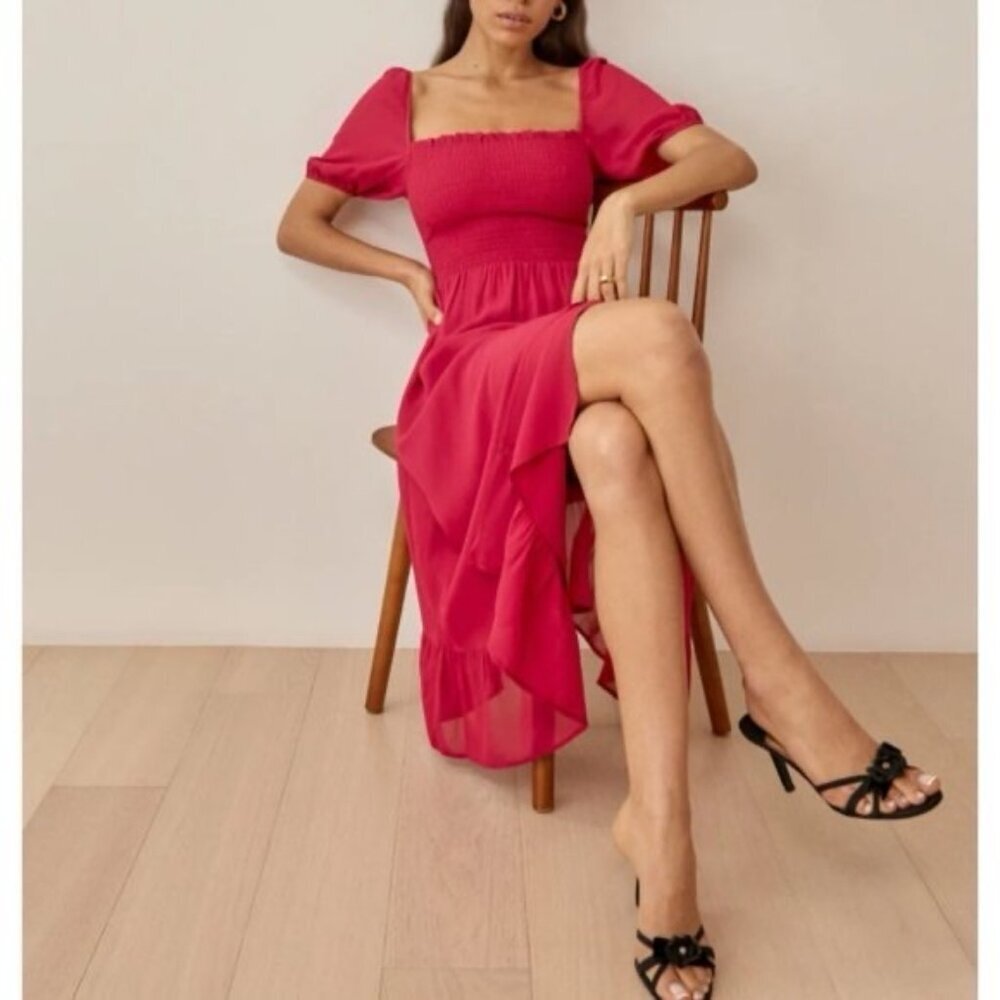NEW Reformation Meadow Puff Sleeve Smocked Midi Dress Rhubarb Pink Red | size S - Picture 3 of 13